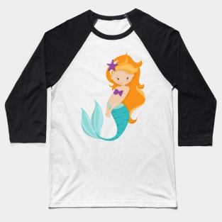 Cute Mermaid, Little Mermaid, Orange Hair, Star Baseball T-Shirt